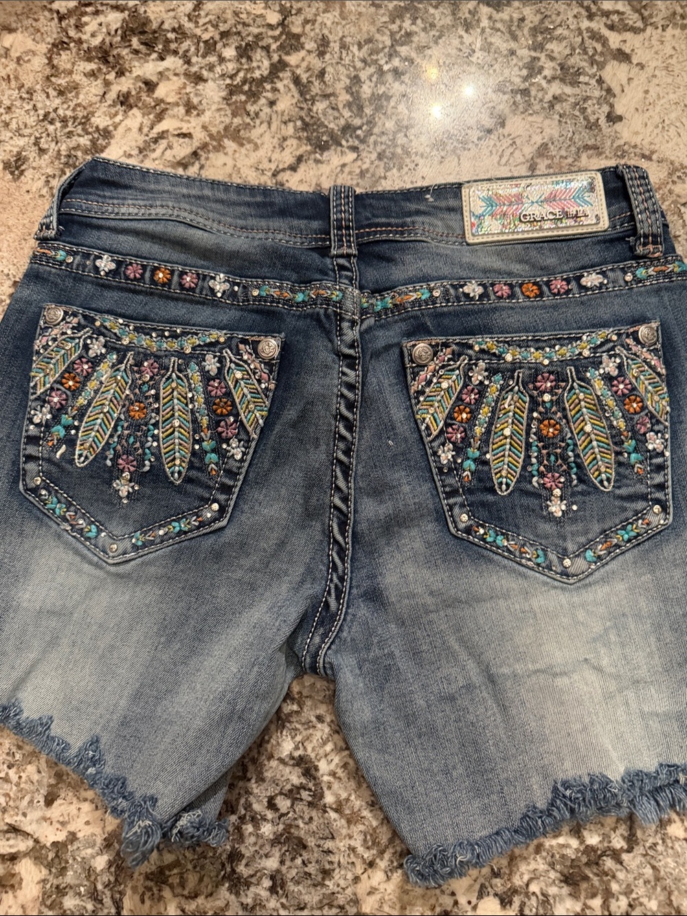 Grace in LA Denim Shorts with Beaded Feather Detail - Blue size 29